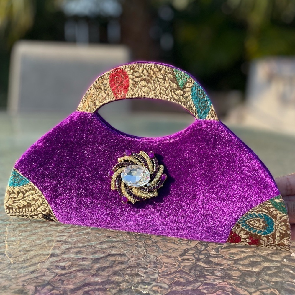 Purple Velvet Clutch with Embellished Brooch - Picture 9 of 12
